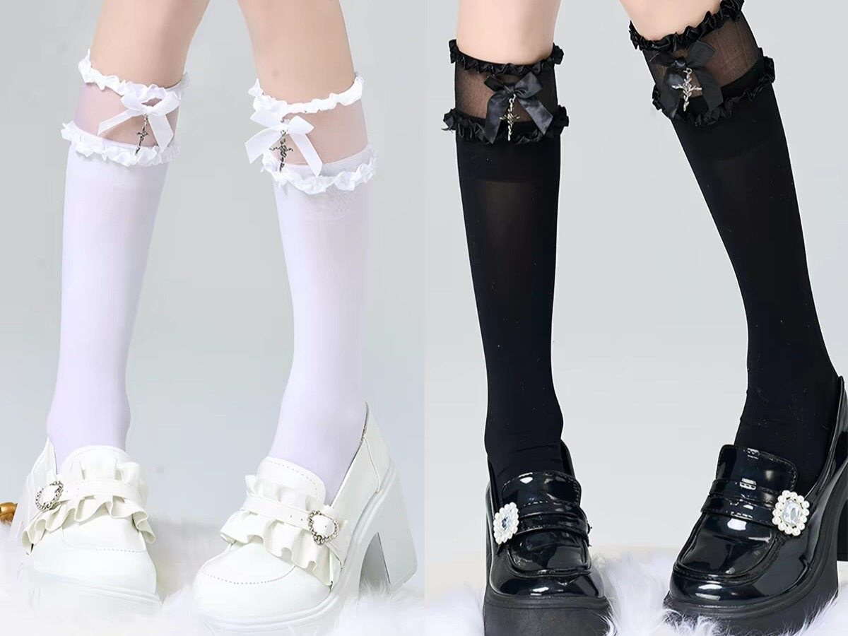 自制哥特亚文化黑色暗黑蝴蝶结中筒袜十字架白透明jk短袜Lolita女